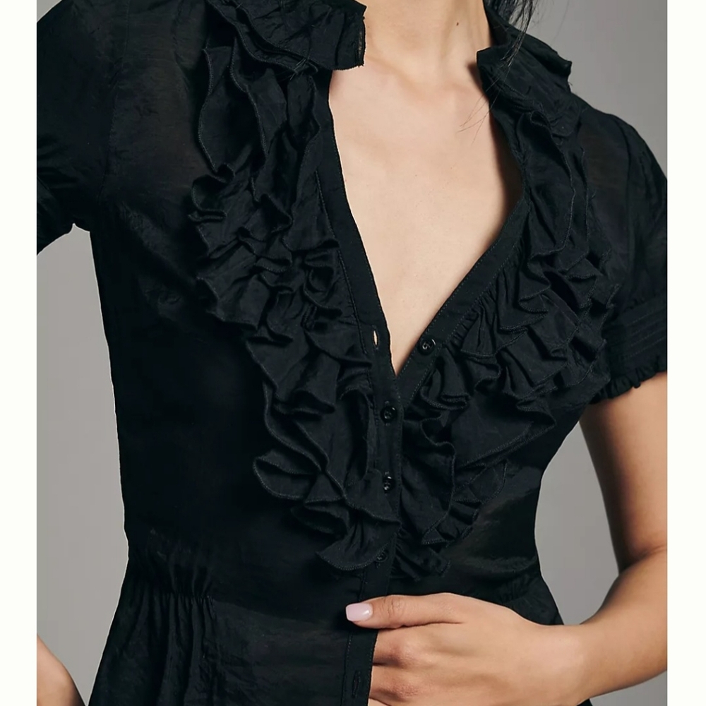 Anthropologie Black Ruffle-Front Blouse